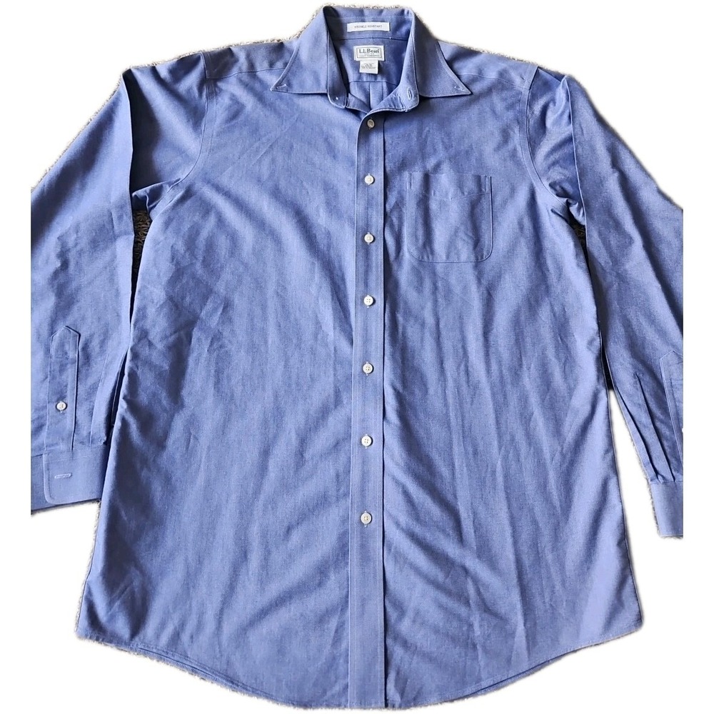 LL Bean Men Button Up Shirt 16-36 0GLG7 Blue Long Sleeve 100% Cotton Career